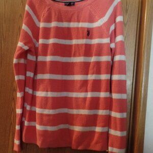 U S Polo Assn Women's Pink-and-White Striped Long-Sleeve Sweater, Size XL